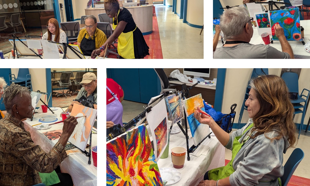 older adults participating in painting class at Senior Planet center in Miami