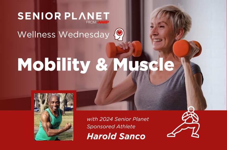 Mobility and muscle class. Senior woman working out with dumbbells.