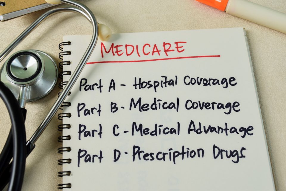 notebook with medicare parts A-D written in marker next to stethoscope on table
