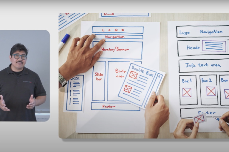 Screenshot from website building tutorial video. Man on left side of screen explaining basic web design principles. Hands on right side laying out concepts for web page.